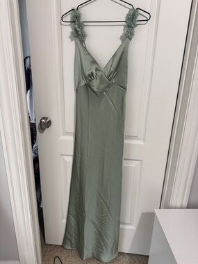 Sage Green Satin Maxi Slip Dress with Floral Shoulder Straps